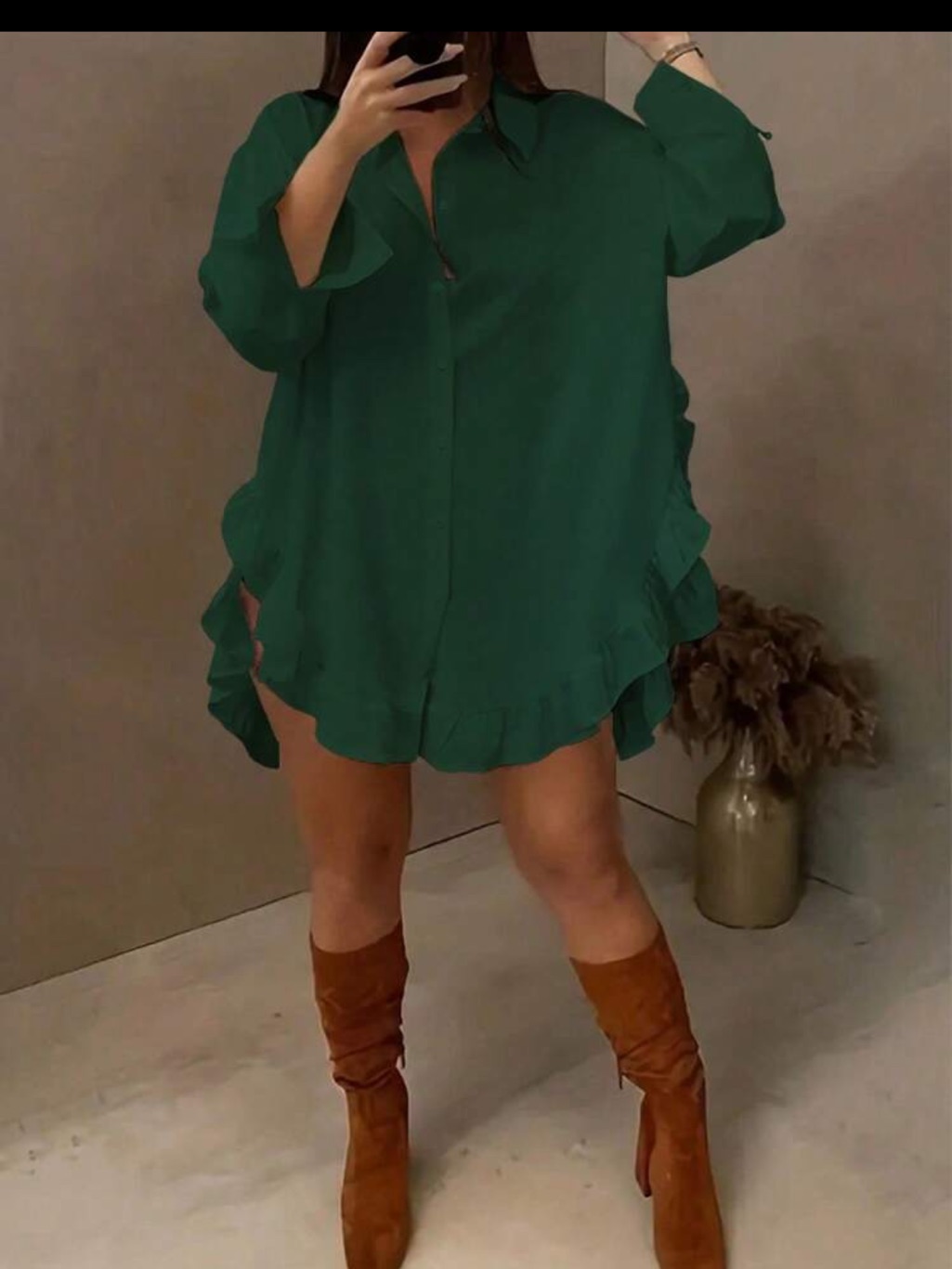 Dark Green Ruffle Hem Shirt Dress